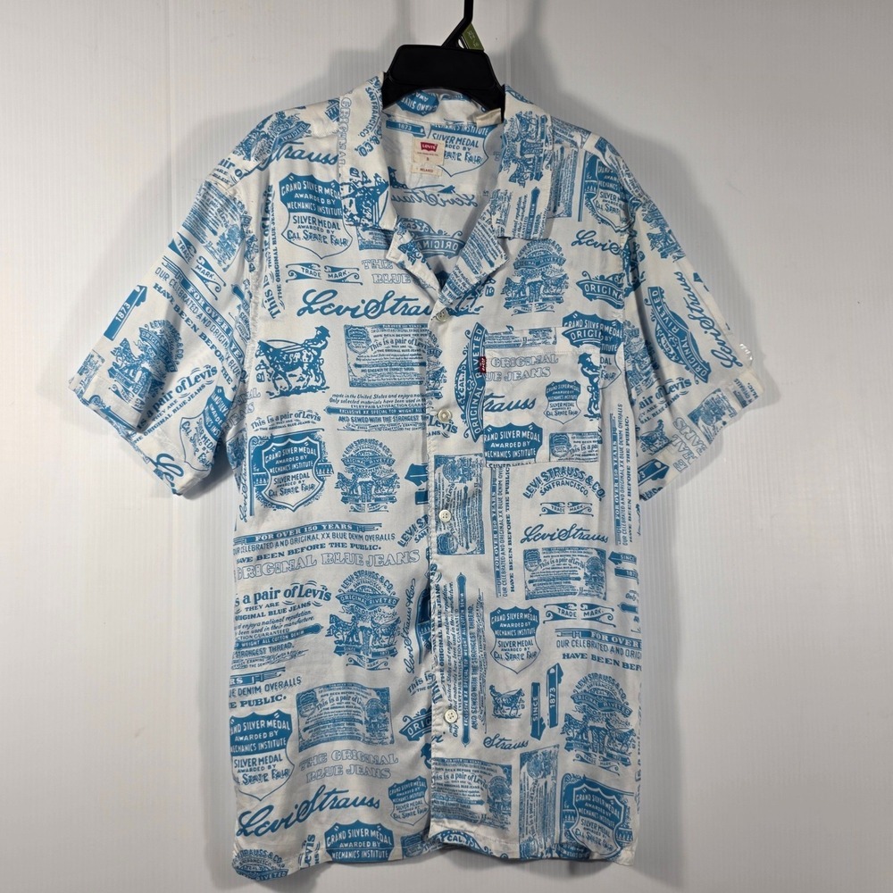 Levis Mens Relaxed Fit Short Sleeve Heritage Print Camp Shirt Blue White S - Picture 2 of 10